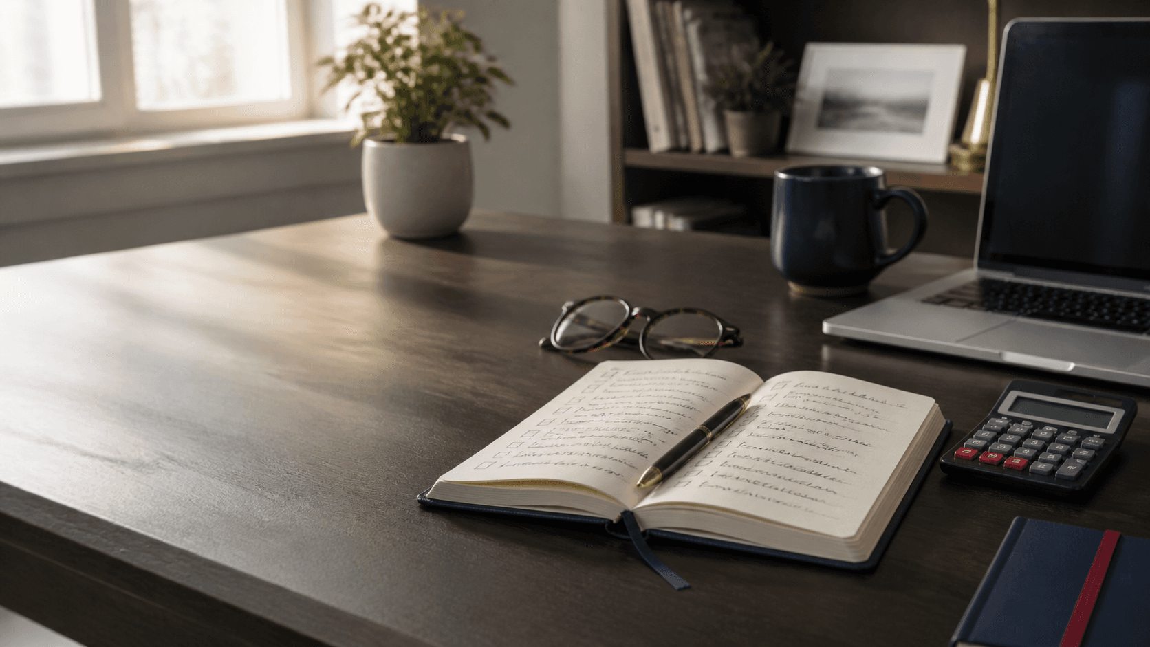 Notebook, calculator, glasses, and coffee on a sunlit home office desk